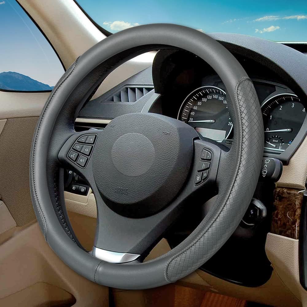 Microfiber Leather Steering Wheel Cover with Classic Embossing, Anti-Slip Breathable Auto Car Wheel Protector, Fit 15 Inch (Beige)