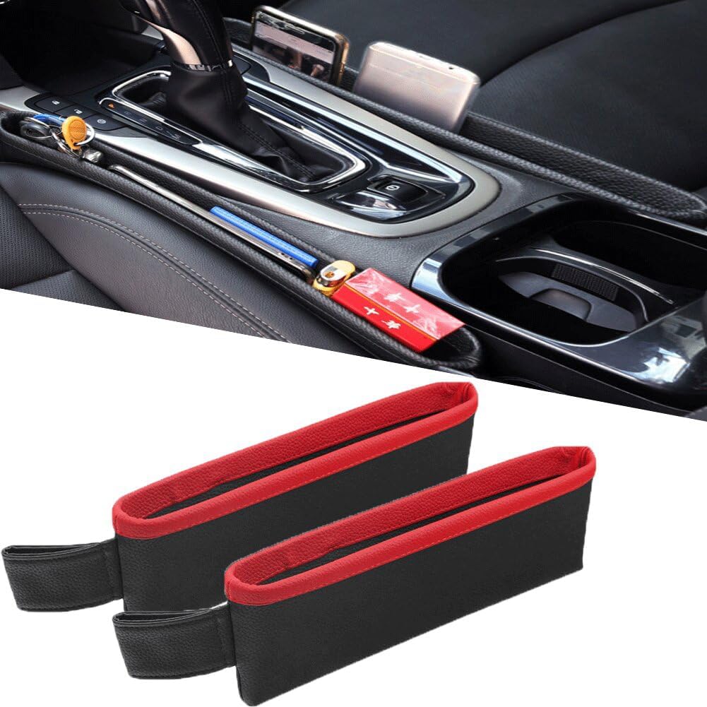 Tumecos Car Seat Pockets PU Leather Car Console Side Organizer Seat Catcher Holders Compatible with Phone Key Wallet Phone Sunglasses 2 Pack (Black+Red)