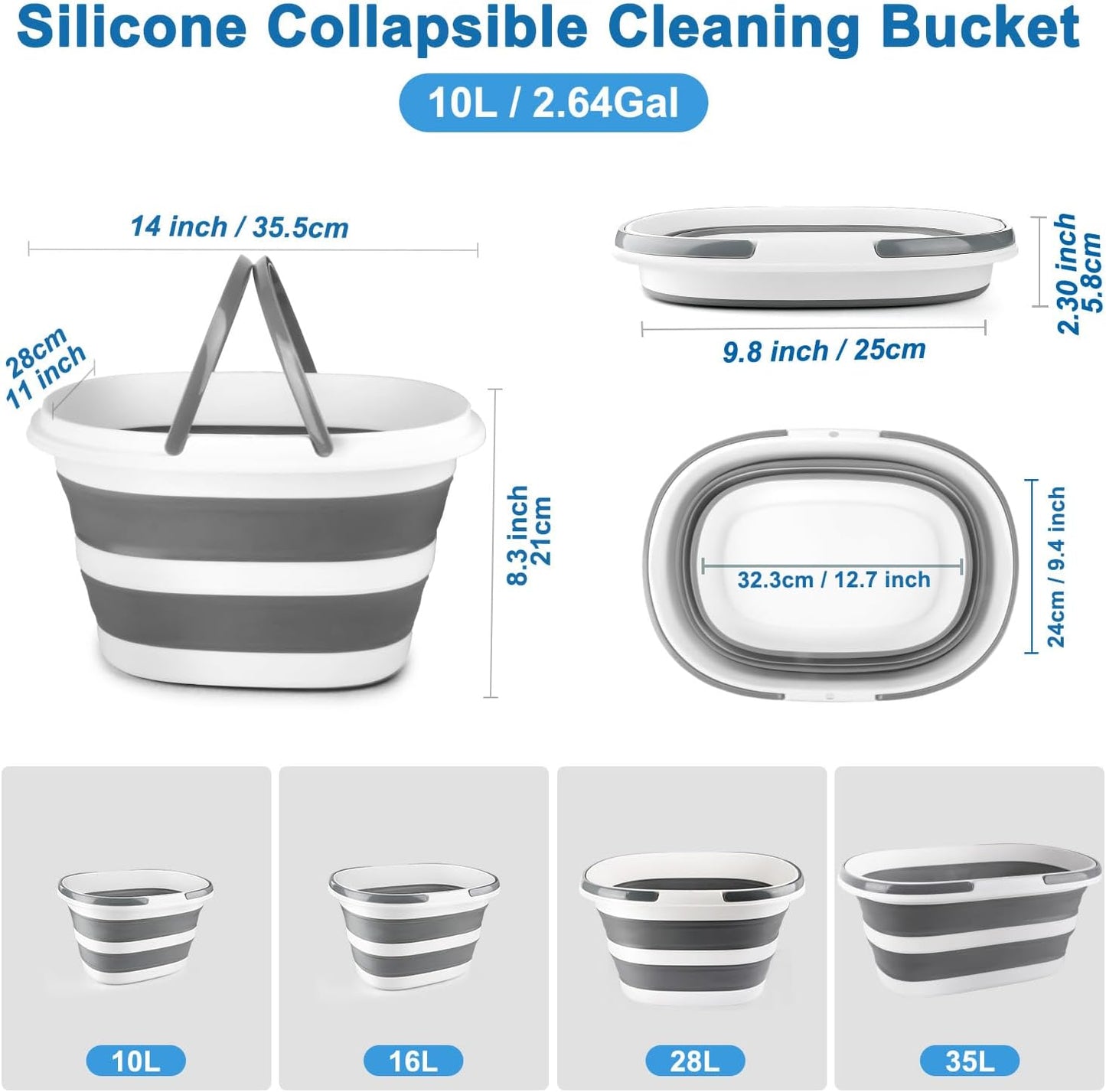 10L Collapsible Bucket with Handle, Foldable Ice Bucket Car Wash Buckets for Cleaning, Portable Wash Basin for Fishing Gardening Window Washing Mopping Household Use Cleaning Supplies