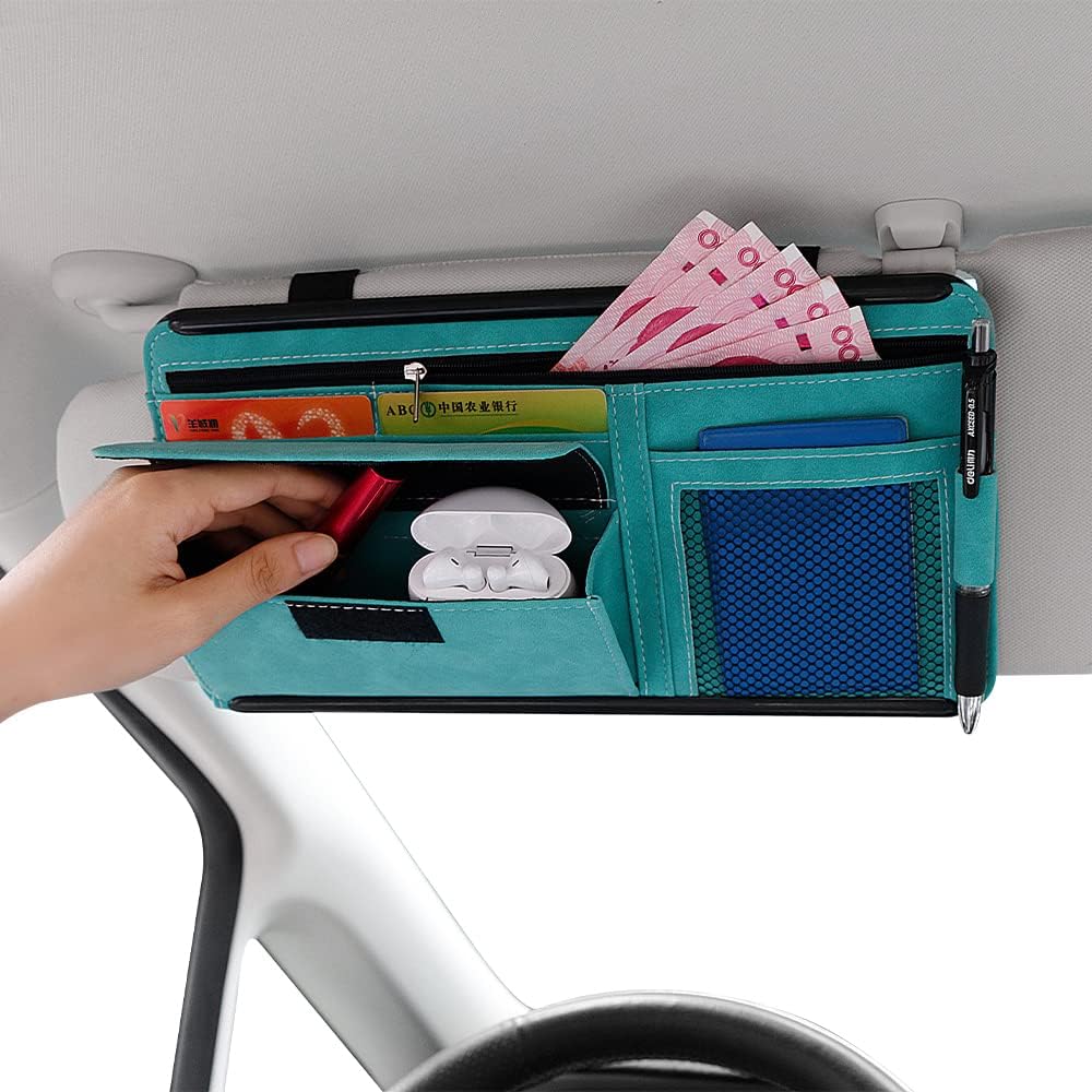 JEYODA Car Sun Visor Organizer Glasses Case Storage Bag note Holder Car suede Zipper Card Hold Car Organizers and Storage (blue)