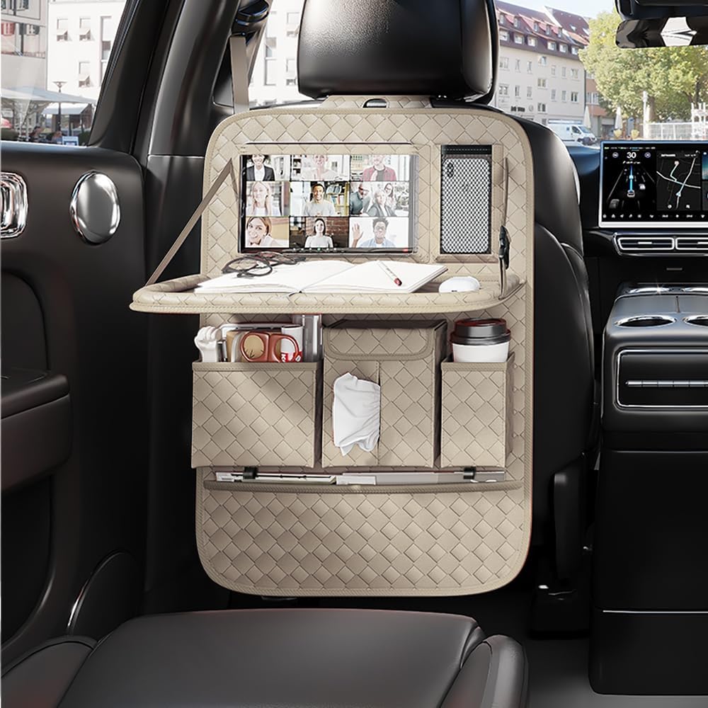 GMQ Back Seat Car Organizer 1 Pack,Backseat Organizer with Tray,Multifunctional Car Seat Back Storage Box with Foldable Tablet Holder (Carbon Black, Weave)