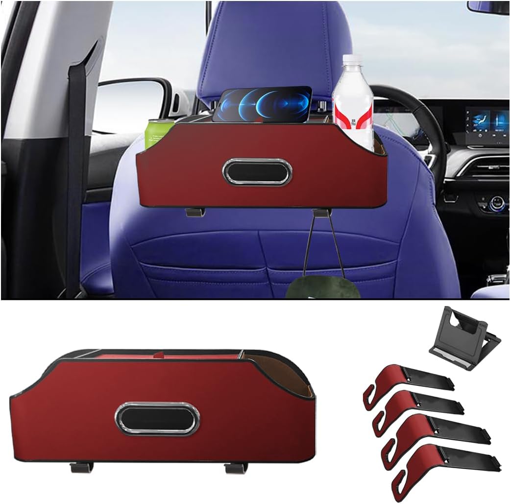 AUCELI Car Seat Back Organizer with Cup Holder and Tissue Box, Headrest Hanging Storage Box with Hooks and Phone Holder, Multi-Function Travel Tray for Kids (Reddish Brown)