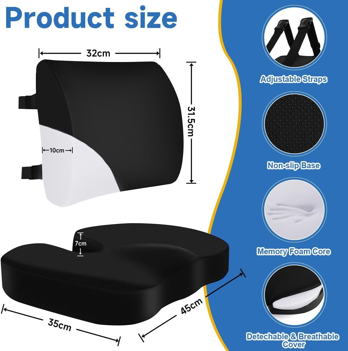 Wheelchair Cushion Set, Pressure Relief Seat Cushion with Lumbar Support, U-Shaped Design for Tailbone Comfort, Non-Slip Adjustable Straps, Breathable Removable Cover for Wheelchair Office Chair Car