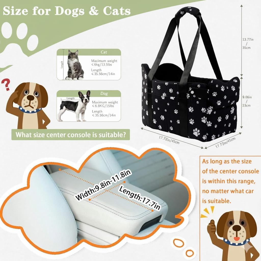 Center Console Dog Car Seat Safe Travel for Small Dogs Under 15 lbs Detachable Washable Pet Carrier with Storage Pockets & Safety Leash,Black