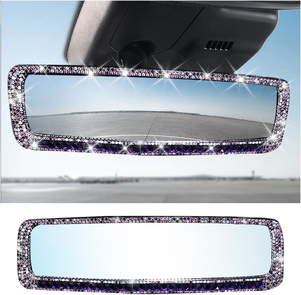 AUCELI Car Rear View Mirror, Bling Rhinestone Interior Rear View Mirror with HD Glass, Wide Angle Clip-On Rearview Mirror with Glitter Crystal Diamond, Car Decoration Accessories for Women (Silver)