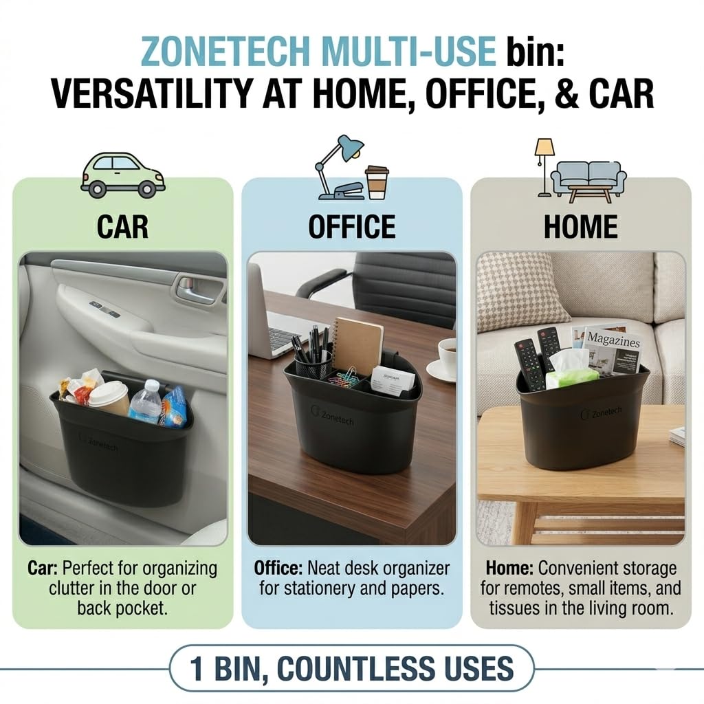 ZONETECH Portable Hanging Mini Car Garbage Can – Classic Black Trash Container - Premium Quality Automotive Universal Compact Traveling Wastebasket for Vehicle,Office, Home (1-Pack)