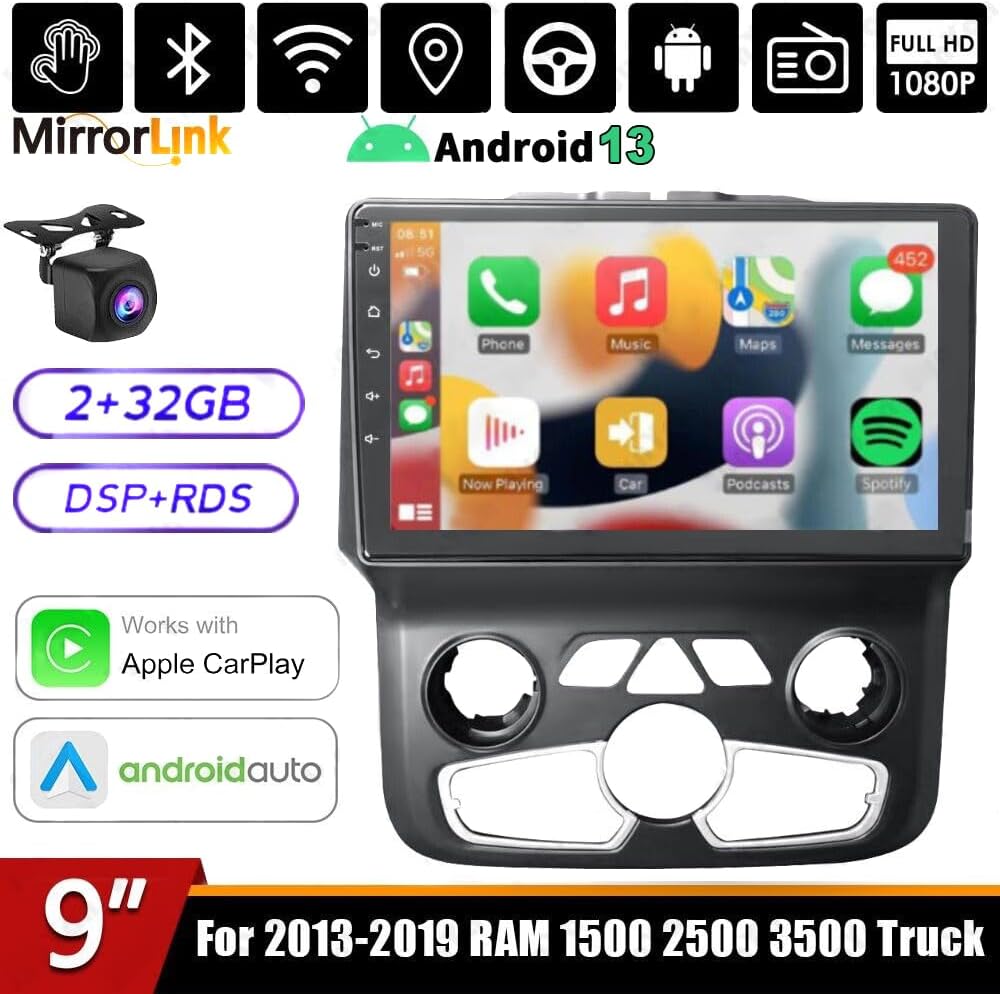 Android 13 Car Stereo Radio Compatible for Ram 1500 2500 3500 2013-2019, 9inch Touchscreen Radio with CarPlay Android Auto Bluetooth GPS Navigation WiFi FM/RDS SWC Mic Backup Camera, 2G+32GB