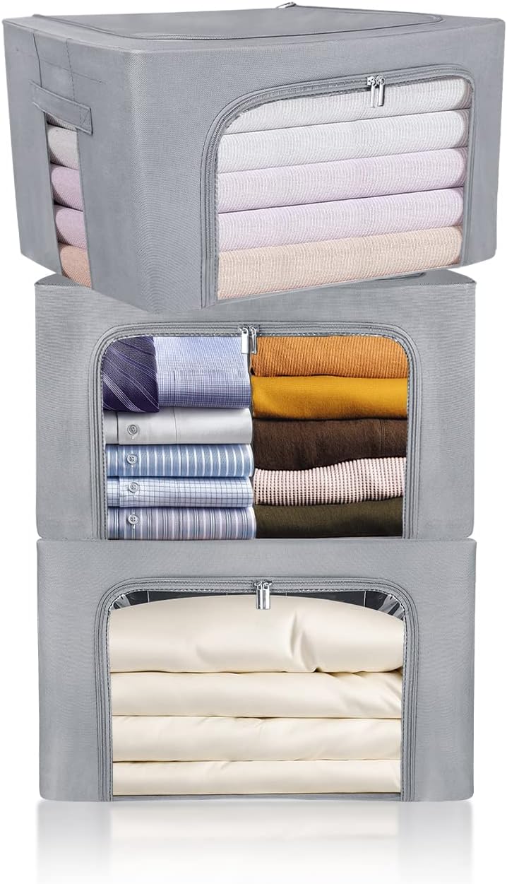 Clothes Storage Box Bins Stackable Foldable Organizer with Metal Frame for Clothing Bedding Shelves,Closet Container with Clear Window Zipper and Label Holder (Gray,Small-40L x3 Pack)