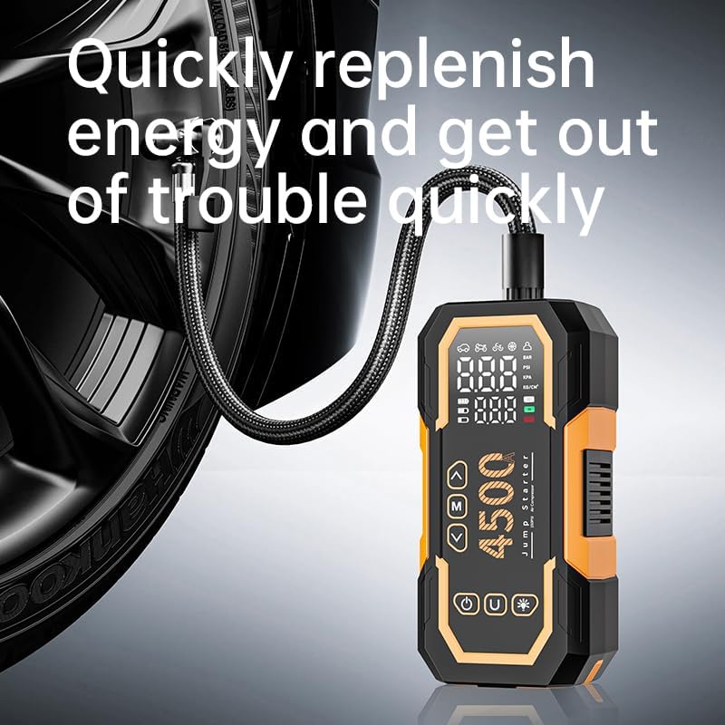6000A Portable Jump Starter with Air Compressor, 12V Car Battery Starter (Suitable for Gasoline/10.0L Diesel Engines), Large LCD Display, LED Work Light, Jumper Cables, Supports Type-C Fast Charging