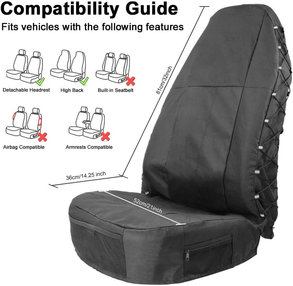 TIROL Waterproof Front Seat Covers High Back Seat Cover Bucket Seat Covers with Multi-Pockets for Semi Truck Cars Van SUV Pickup (2PCS)