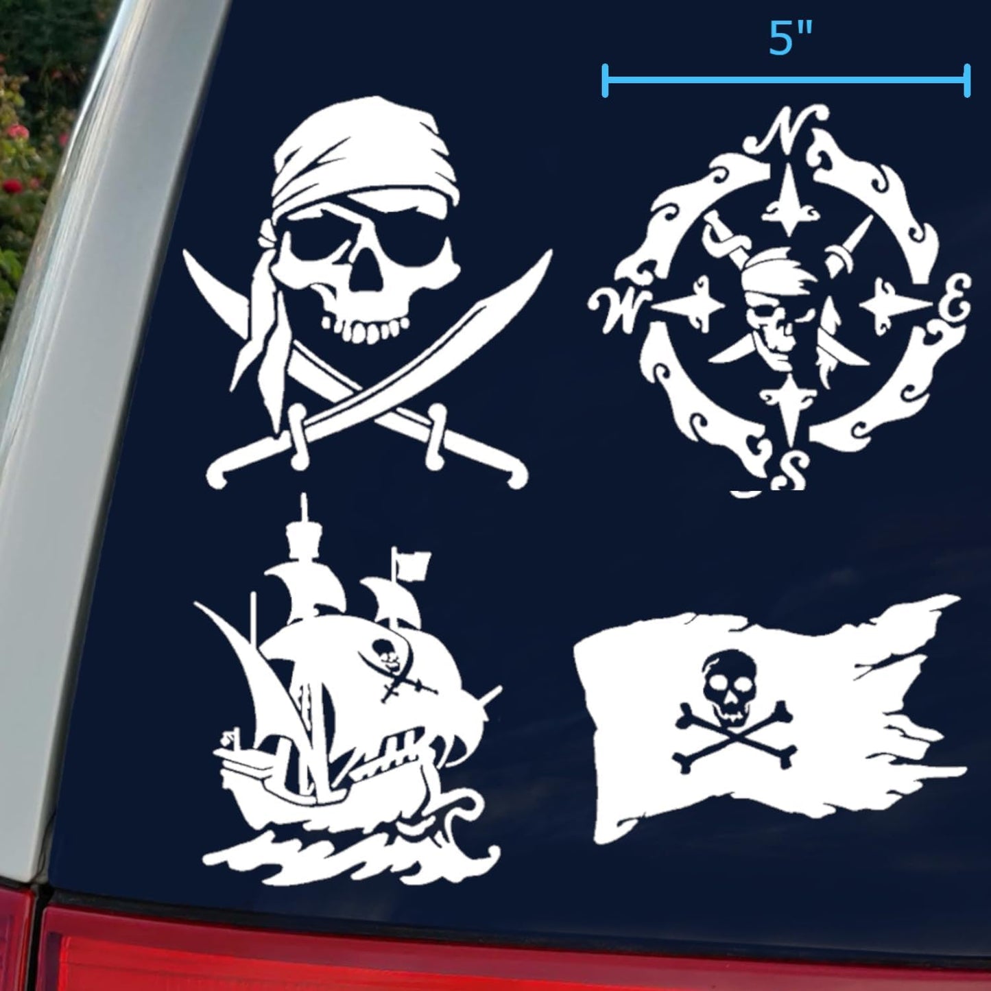 Pirate Decals 4 Pack: Skull and Swords, Ship, Flag, Compass (White, PiratesOne Large 5")