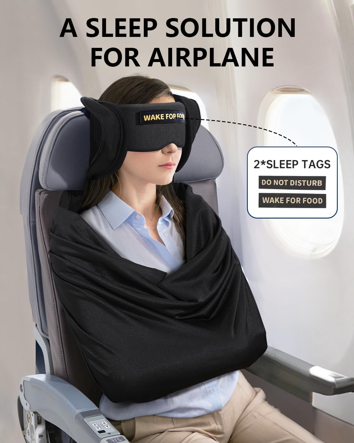 Travel Pillow and Blanket Set, Compact Airplane Pillow Bag with Eye Mask for Long Flights Sleeping, 360° Support Head Strap Travel Essentials for Plane Sleep Neck Upright, Stop Head Bodding (Black)