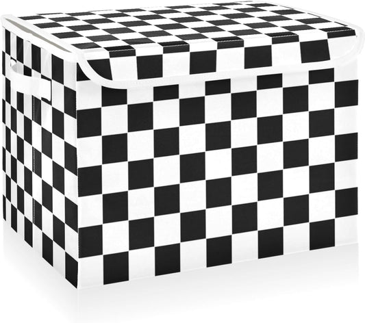 CaTaKu Large Fabric Storage Bins With Lids,Checkered Racing Flag Storage Boxes With Handles for Organizing Clothes, Collapsible Decorative Storage Cube Bins Baskets for Shelves