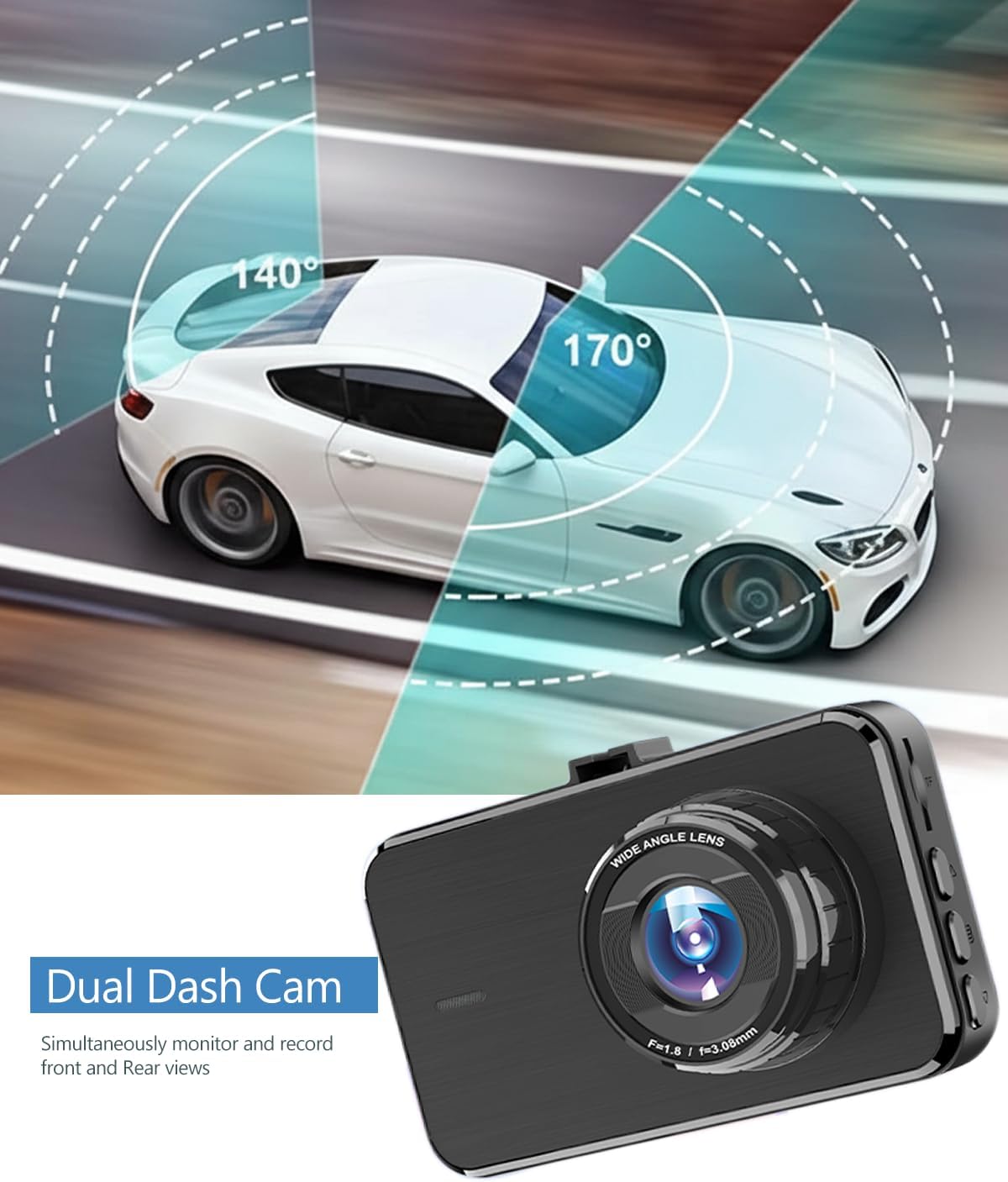 1080P Front and Rear Dash Cam, 3-in IPS Car Cam W/32GB Card