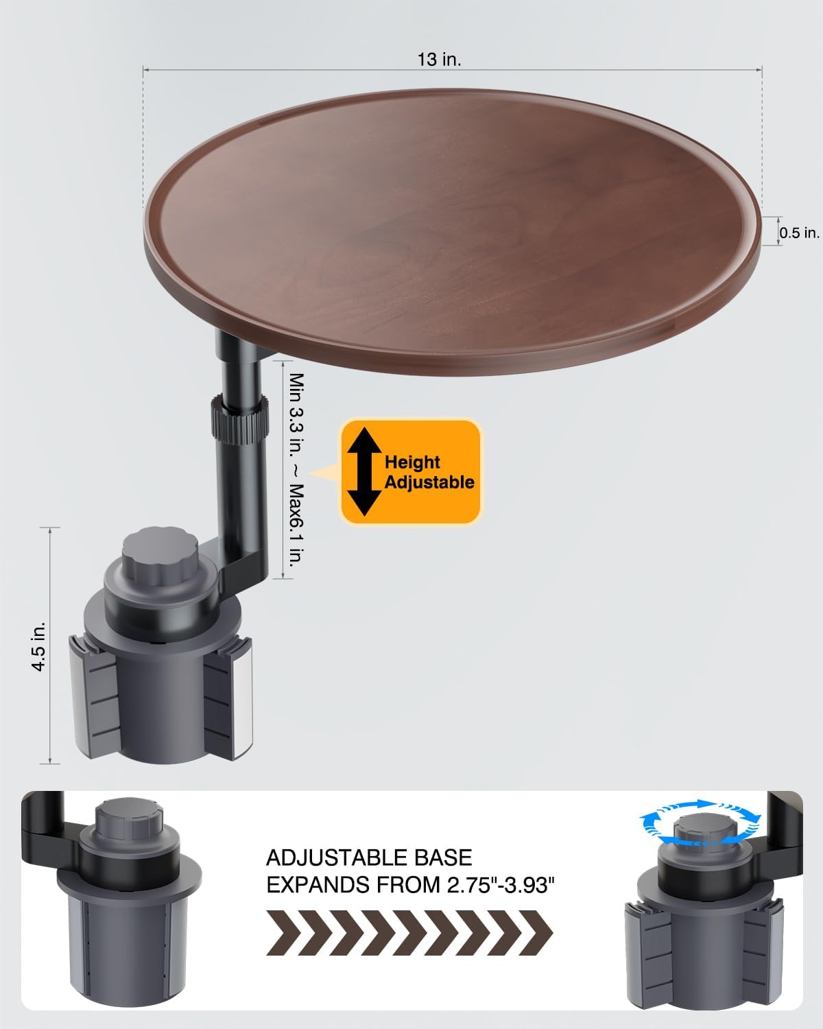 Car Tray Table & Car Laptop Desk - Height Adjustable 360° Swivel Tripod, Solid Wood Car Laptop Mount & Cup Holder Table-Steering Wheel Tray for Dining, Home, Outdoor Picnic, Hiking & Traveling (Round)