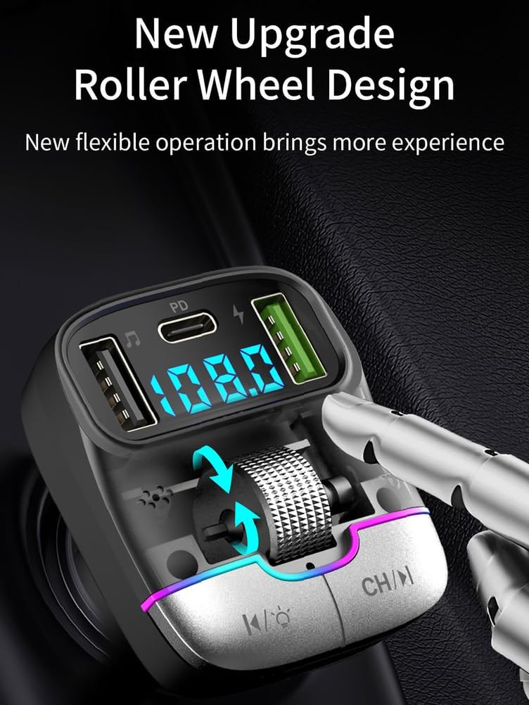 Bluetooth 5.3 FM Transmitter Car Adapter, Wireless Radio Music Adapter LED Display Hands-Free Calling Support USB Drive, PD & QC3.0 USB Charger