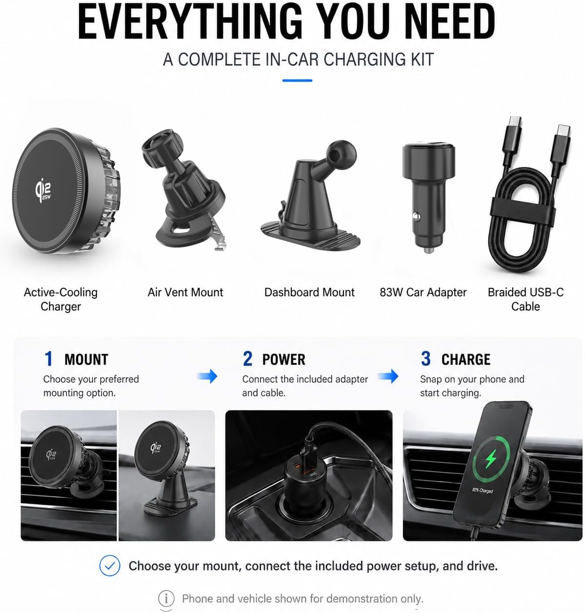 for MagSafe Car Mount Charger, Qi2.2 25W Active Cooling Wireless Car Charger with 83W Adapter, 2-in-1 Air Vent & Dashboard Magnetic Phone Holder for iPhone 17/16/15/14/13/12 Pro Max