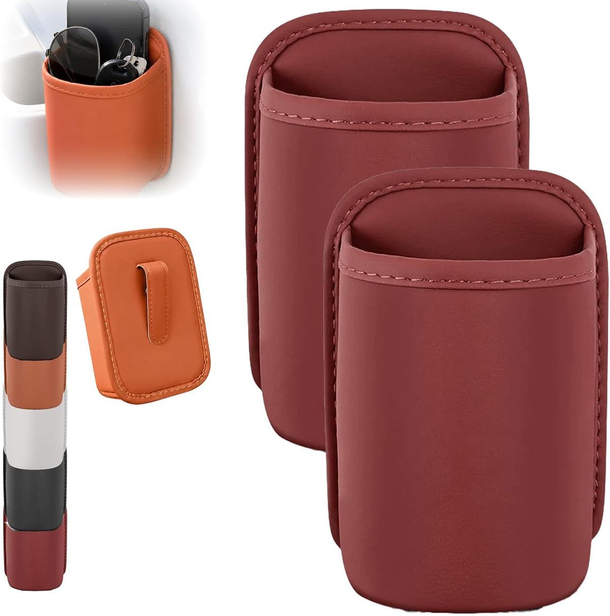 Leather Car Door Cup Holder, Wide-Mouth PU Leather Clip-On Organizer with Back Clip, Extra car Door Cup Holder for Drinks, Phone, Front Seat, Backseat, SUV, Truck，Red-2pcs