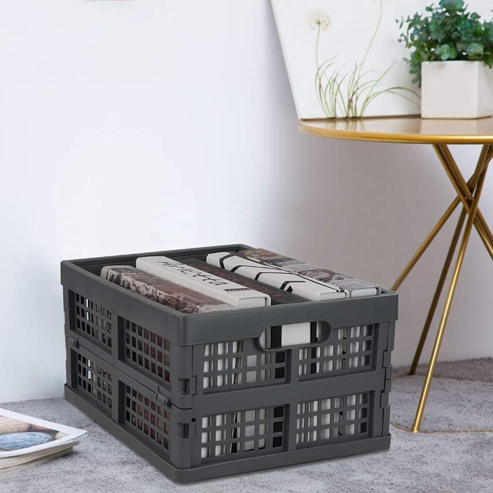 Idotry 3-PACK 15 L Folding Storage Crates, Stackable Collapsible Basket | Space-Saving Utility Containers, Dual Side Carry Cutout Handles, for Garage, Car, Grocery & Home Organization