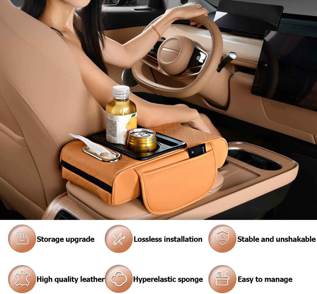 Car Armrest Cushion,5-in-1 Center Console Cover with 2 Storage Bags Cup Holder, Tissue Box Slot, Phone Slot for Sedans, Car Accessories Interior Organizers (Black red)