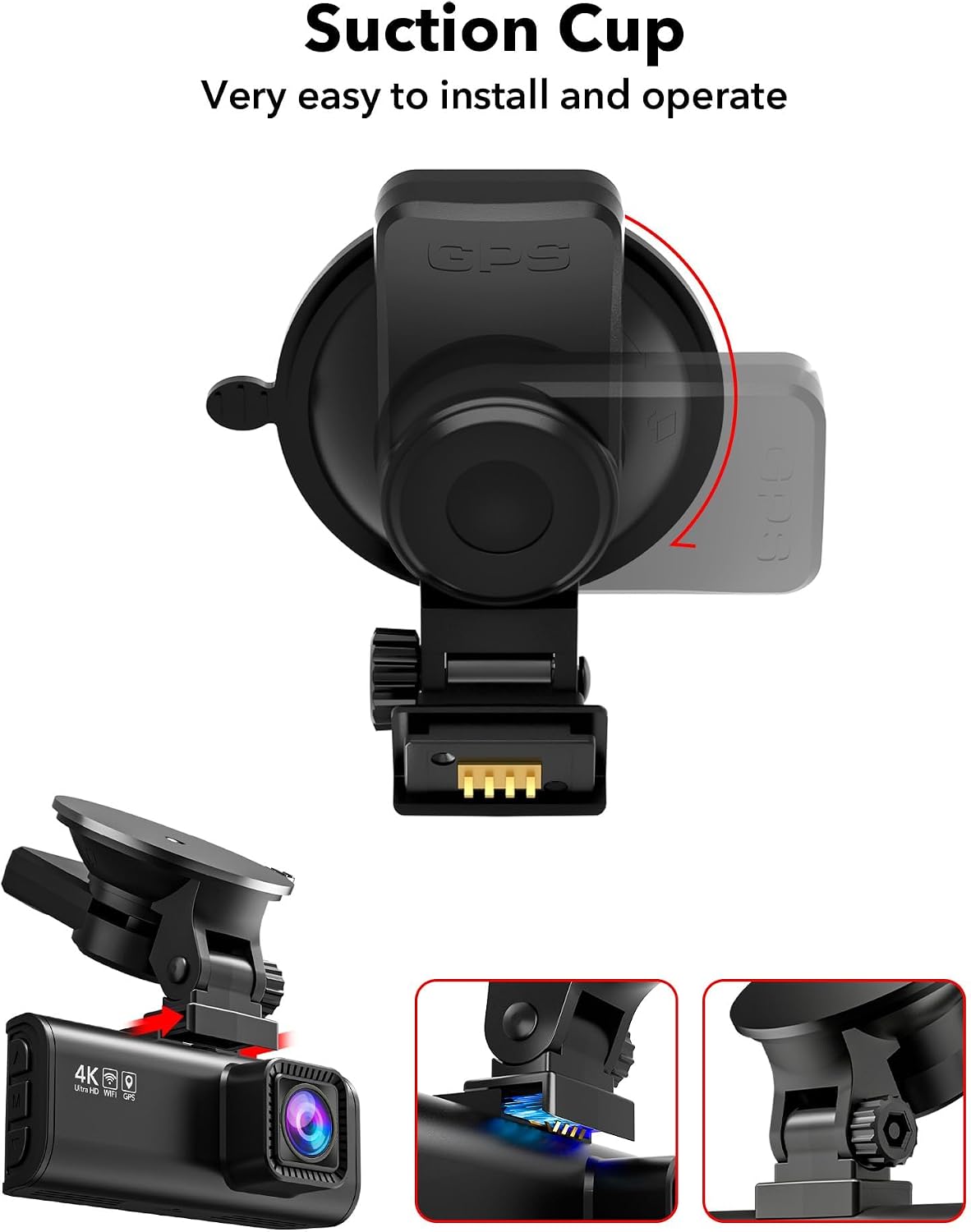 REDTIGER Suction Mount for F7N Series Dash Cam,Built-in GPS Module,Easy Install,180° Rotatable,Includes Adhesive Pads and Electrostatic Stickers