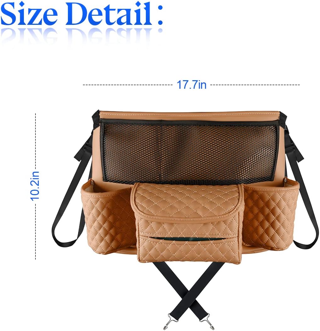 XINLIYA Car Handbag Holder Between Seats, PU Leather Multi-Pocket Large Capacity Purse Holder, Auto Net Bag Barrier of Backseat Pet Kids, Car Seat Organizers and Storage for Cargo Tissue Cup（Brown）