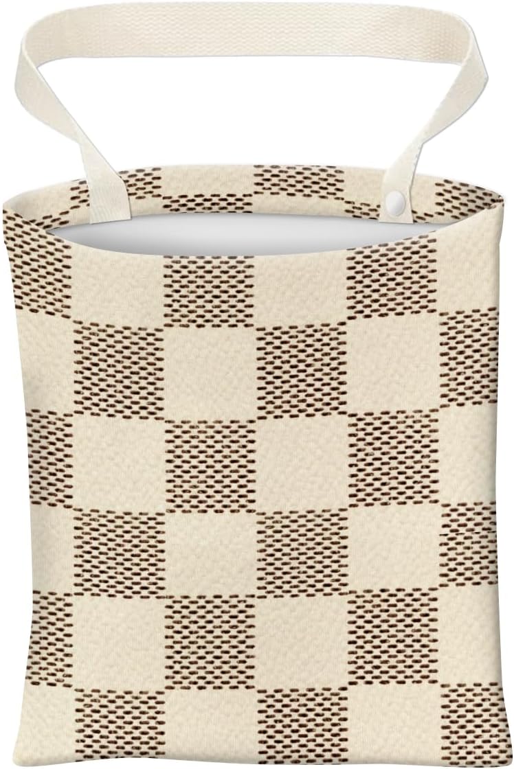 Car Trash Can, Cute Car Trash Bag, Hanging Car Organizer and Storage Bag, Trash Bin for Car Accessories, Vehicle, Travelling, Camping Luxury Beige Checkered