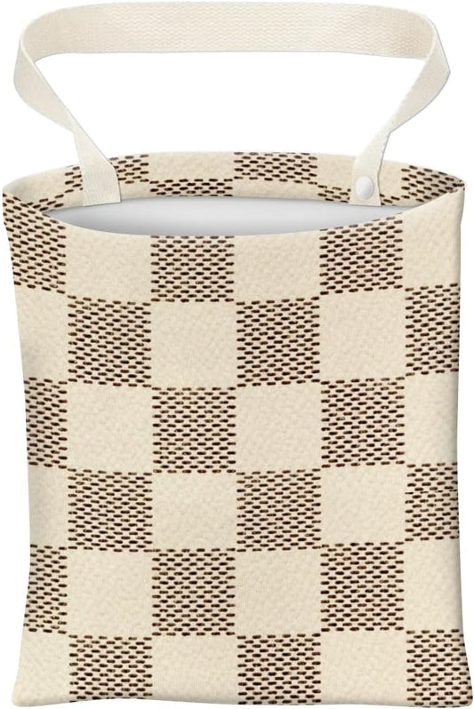 Car Trash Can, Cute Car Trash Bag, Hanging Car Organizer and Storage Bag, Trash Bin for Car Accessories, Vehicle, Travelling, Camping Luxury Beige Checkered