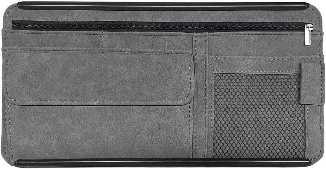 Suede Car Sun Visor Organizer with Multi-Pocket Net Zipper, Glasses Case, Sunglass Holder for Interior Accessories (Black)
