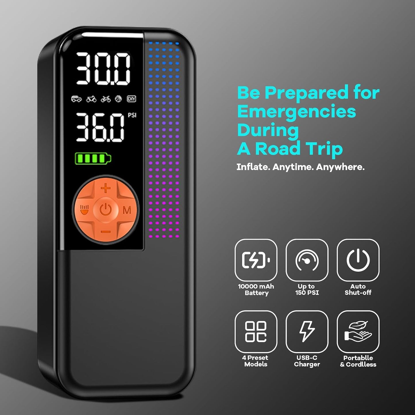 WEOLULI Tire Inflator Portable Air Compressor,150 PSI Cordless Air Pump, 12V DC Car Plug,Dual Power 10000mAh, Fast Inflation 24L/Min, 4 Preset Modes for Car, Bike, Motorcycle, Balls(Orange, 10000mAh)