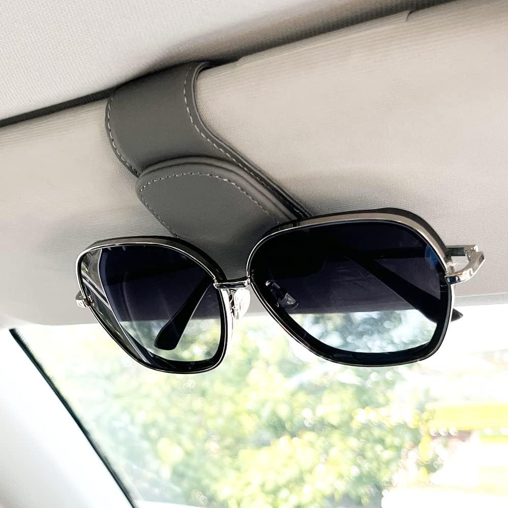2Pcs Sunglass Holder for Car, Magnetic Leather Eyeglass Hanger Clip for Car Sun Visor, Sunglasses Holder and Ticket Card Clip for Car Visor Accessories (Gray)