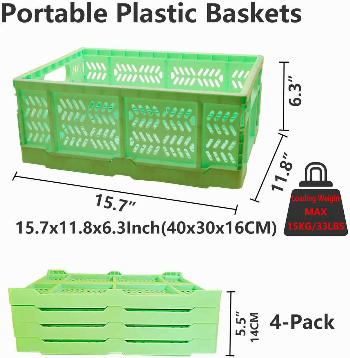 20L Folding Crate, 4Pack Plastic Storage Baskets Organizer for Home and Office,Collapsible Storage Crates for Home Office and Outdoor Organizer. (Green)
