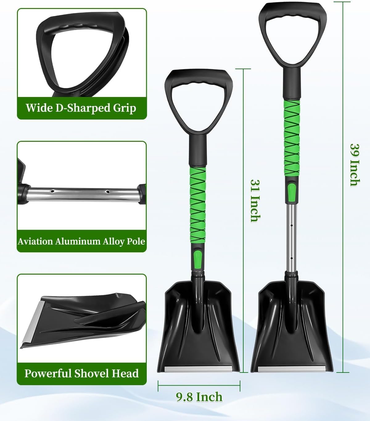 SEAAES Snow Brush and Emergency Snow Shovel for Car, Extendable Snow Ice Scraper with Foam Grip, Compact Snow Shovel for SUV Truck Vehicle Windshield Window - Green