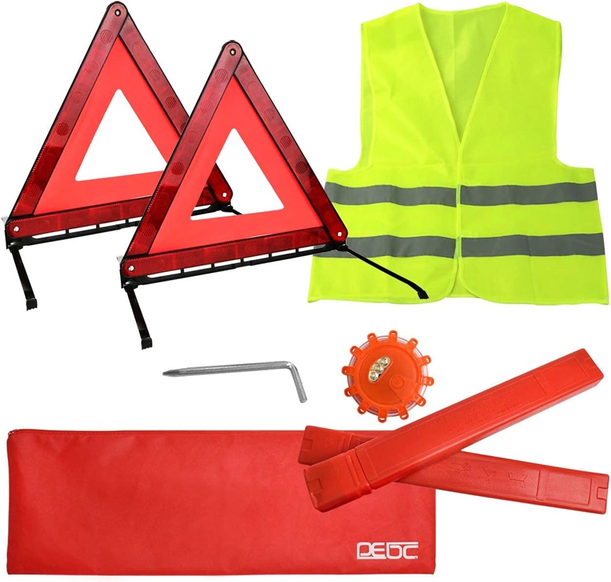 DEDC Car Safety Triangle Warning Kit, Set of 4 Roadside Emergency Kit with Reflective Warning Triangle,Visibility Roadside Vest, LED Road Flares Emergency Lights
