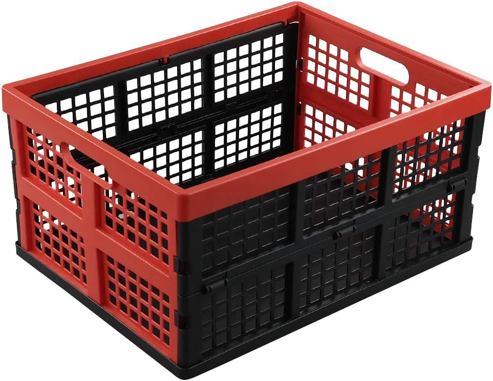 Hespama 35 QT Plastic Folding Milk Crates, Collapsible Storage Bins, 2 Pack