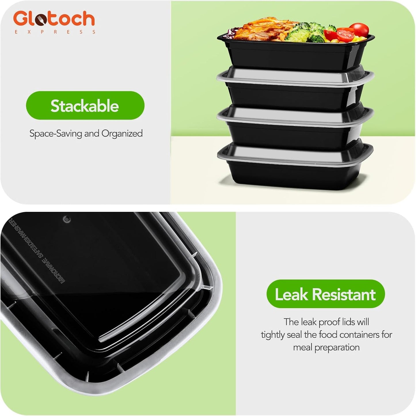 Glotoch Meal Prep Containers with Lids, 16 oz, 10 Pack (20-Piece) | Reusable BPA-Free Food Storage Containers, Leakproof and Durable, Microwave, Freezer and Dishwasher Safe, for Small Meals