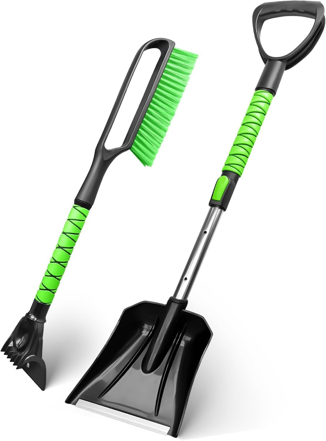 SEAAES Snow Brush and Emergency Snow Shovel for Car, Extendable Snow Ice Scraper with Foam Grip, Compact Snow Shovel for SUV Truck Vehicle Windshield Window - Green