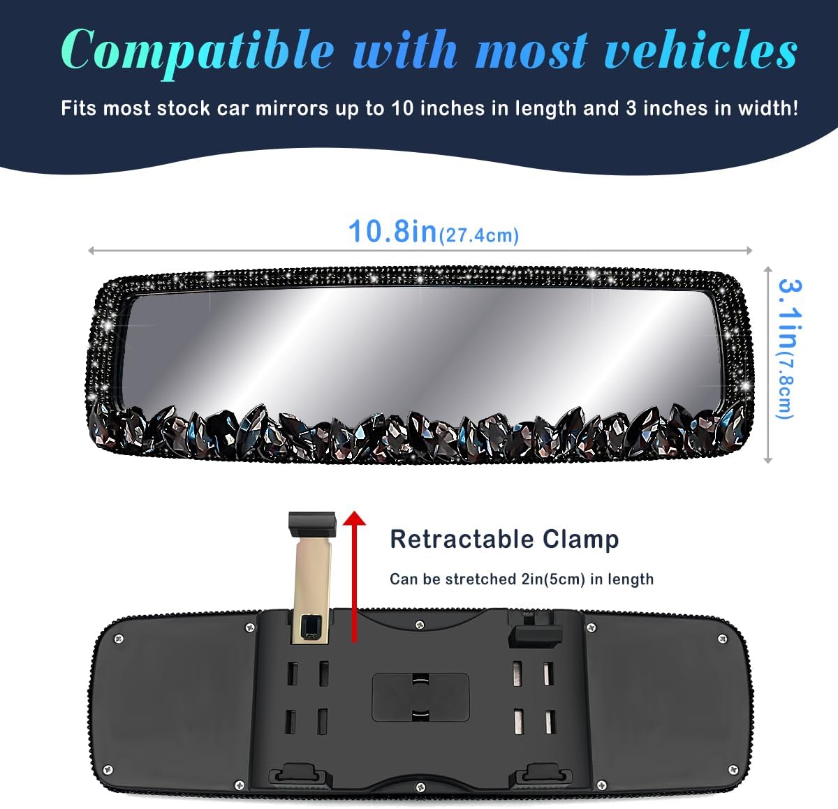 Bling Car Rearview Mirrors Decorations Rear View Mirror with HD Glass Rhinestones Automotive Interior Mirrors diamond Bling car Accessories for Women