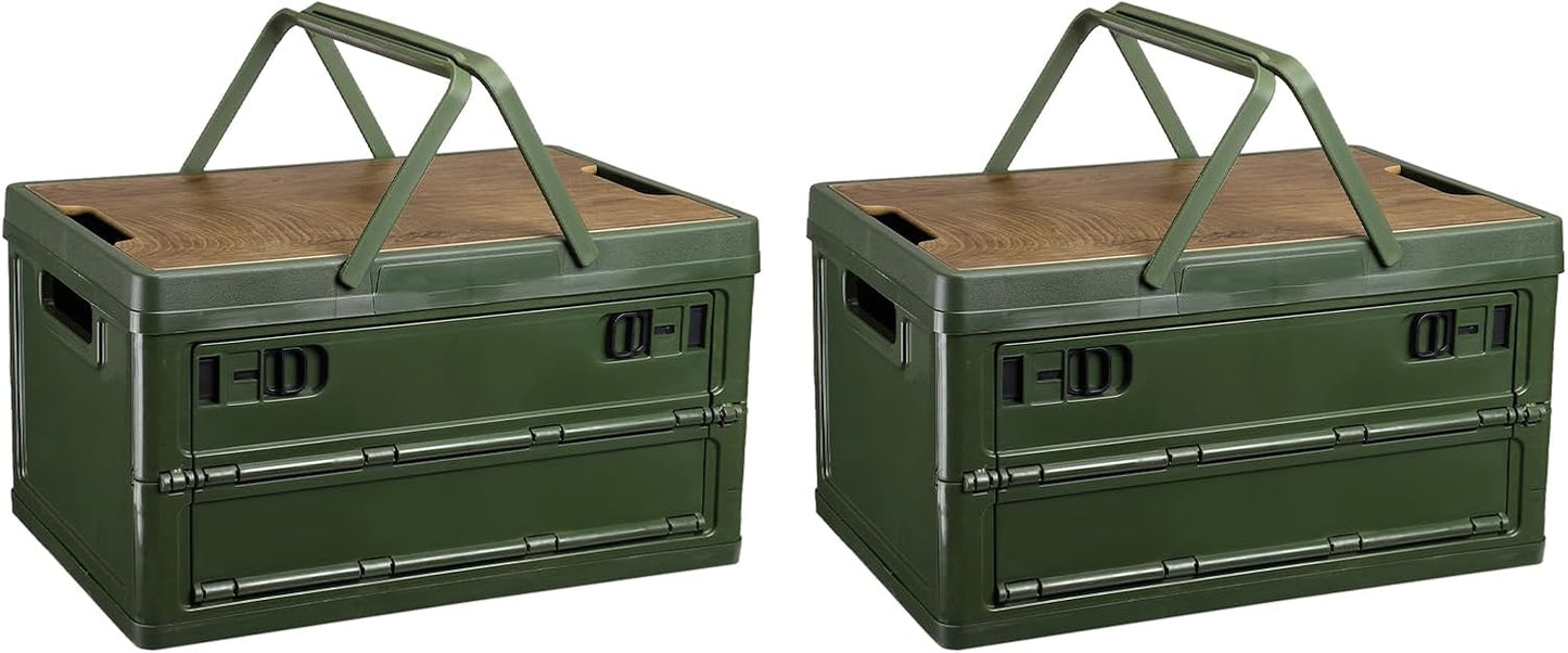 PATIKIL Collapsible Storage Bins with Lids and Handle, 2 Pcs 30L 8Gal Plastic Camping Storage Box Stackable Side Opening Organizer Basket for Car Rv Office Home, Green