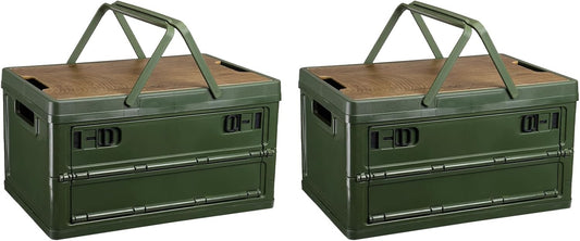 PATIKIL Collapsible Storage Bins with Lids and Handle, 2 Pcs 30L 8Gal Plastic Camping Storage Box Stackable Side Opening Organizer Basket for Car Rv Office Home, Green