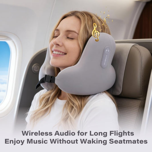 Neck Travel Pillows for Airplanes with Bluetooth, Premium Memory Foam Neck Pillow, Noise Reducing Travel Pillow for Long Flight, Office, Cars, Home, Sleeping and Rest, Gray