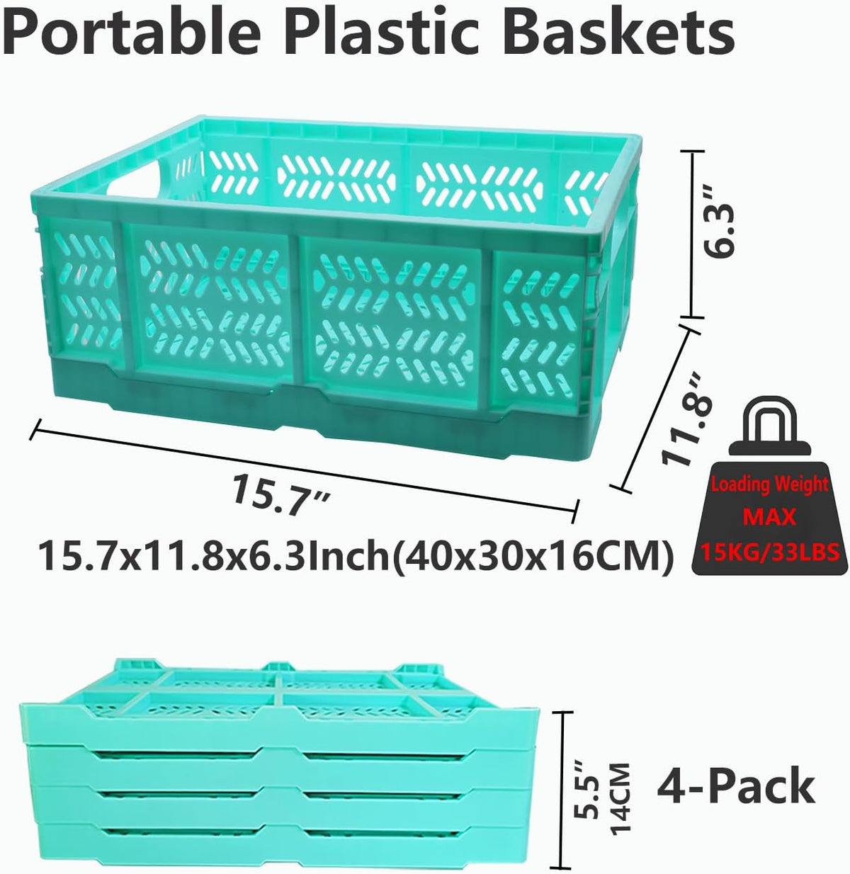 20L Folding Crates, 4Pack Plastic Storage Bins Organizer for Home and Office,Plastic Folding baskets,Collapsible Crates for Chrismas Gifts, Toys Storage. (Blue,15.7x11.8x6.3Inch)