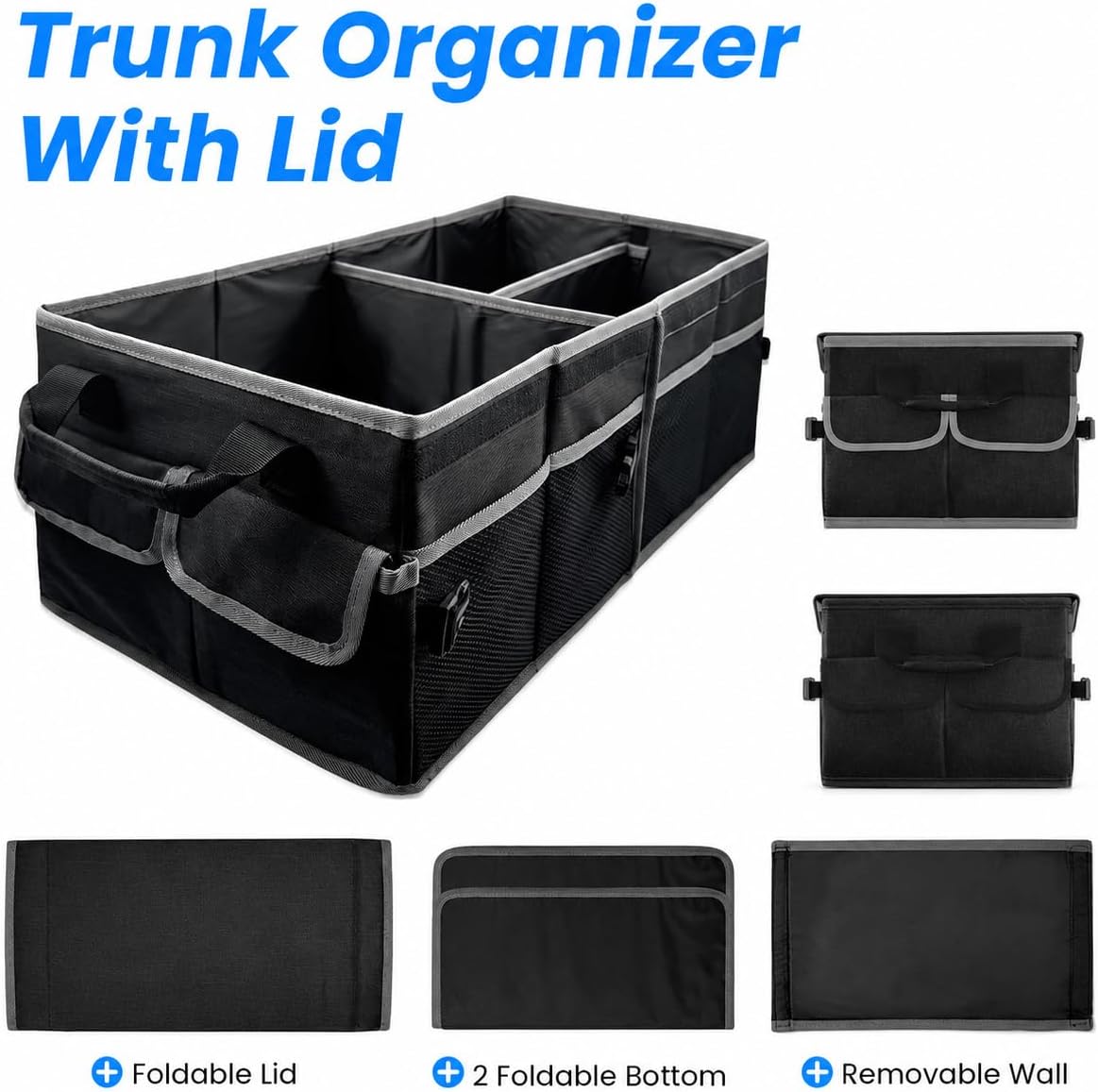 Collapsible Car Trunk Organizer, Foldable Cargo Storage Organizer for SUV, Car & Truck, Black