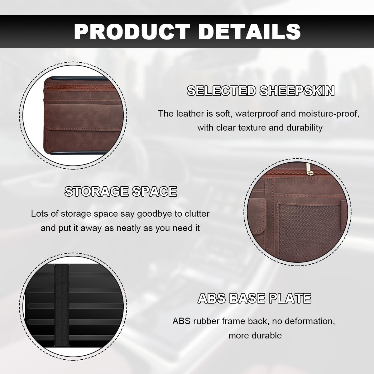 Car Sun Visor Organizer, Leather Sun Visor Pocket Organizer Case with Multi-Pocket Net Zipper, Suede Note Holder Car Visor Storage Pouch for Card Pen Sunglasses Document (Brown)