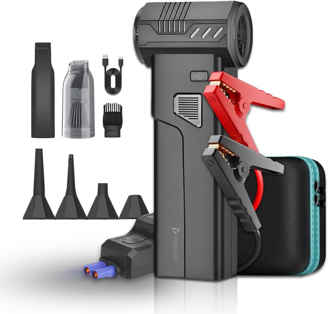 5-in-1 Jump Starter with Air Duster, Portable Vacuum, 2000A Car Battery Booster, Air Inflator/Deflator, 8000mAh Power Bank - 130000RPM Blower Fan Multi-Function Emergency Tool for Car & Outdoor Use