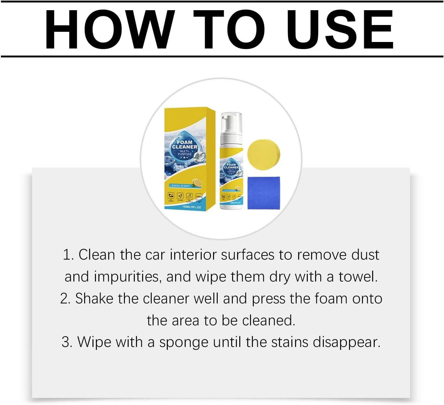 Car Interior Cleaner Foam Kit with Sponge & Towel, Multi Purpose Foam Cleaner for Leather, Fabric, Plastic & Upholstery, Deep Cleaning Car Dashboard Seats Carpet Headliner, Lemon Fresh Scent