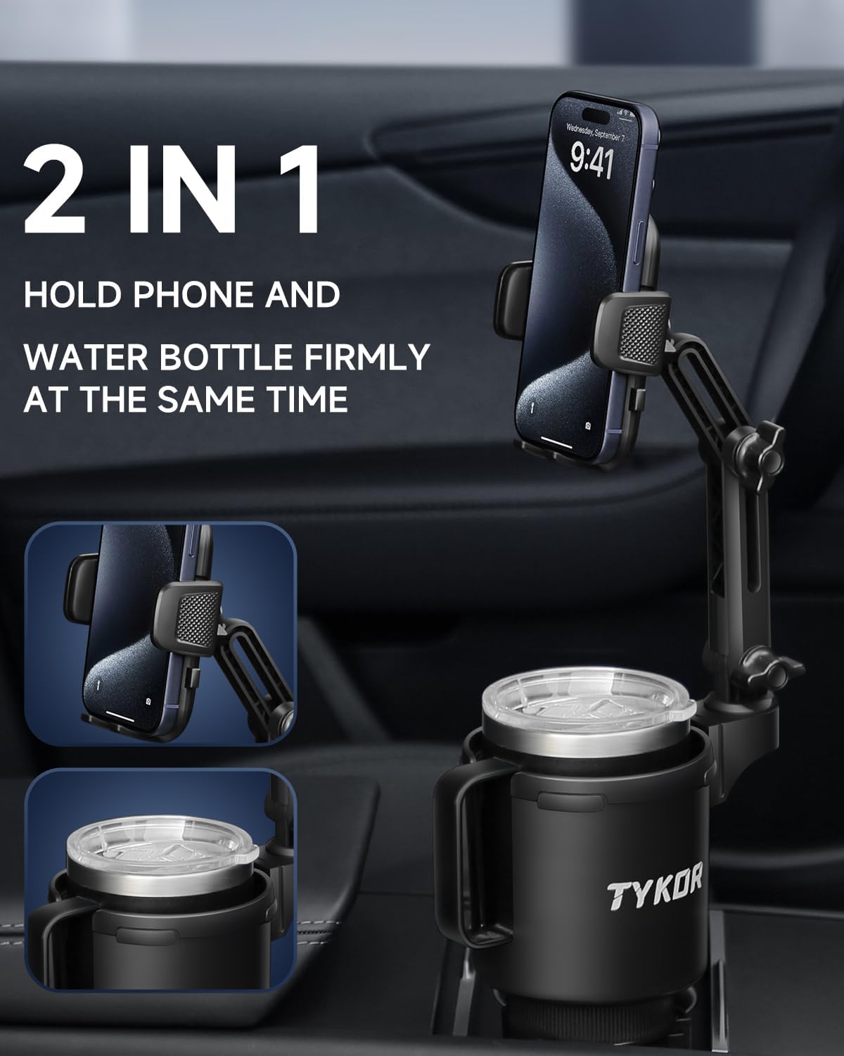TYKOR Cup Holder Phone Holder for Your Car, 2 in 1 Cup Holder Phone Mount