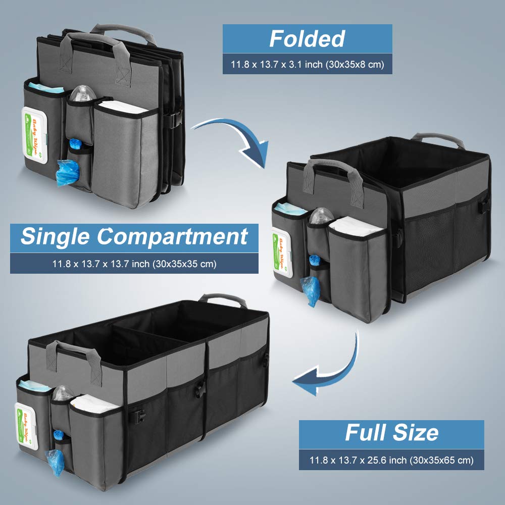 Collapsible Trunk Organizer &amp; Diaper Changing Station, Baby Diaper Caddy Organizer with Movable Dividers, Easy-to-Reach for Back Seat Travel Car Organizer, Waterproof Car Trunk Organizer Groceries