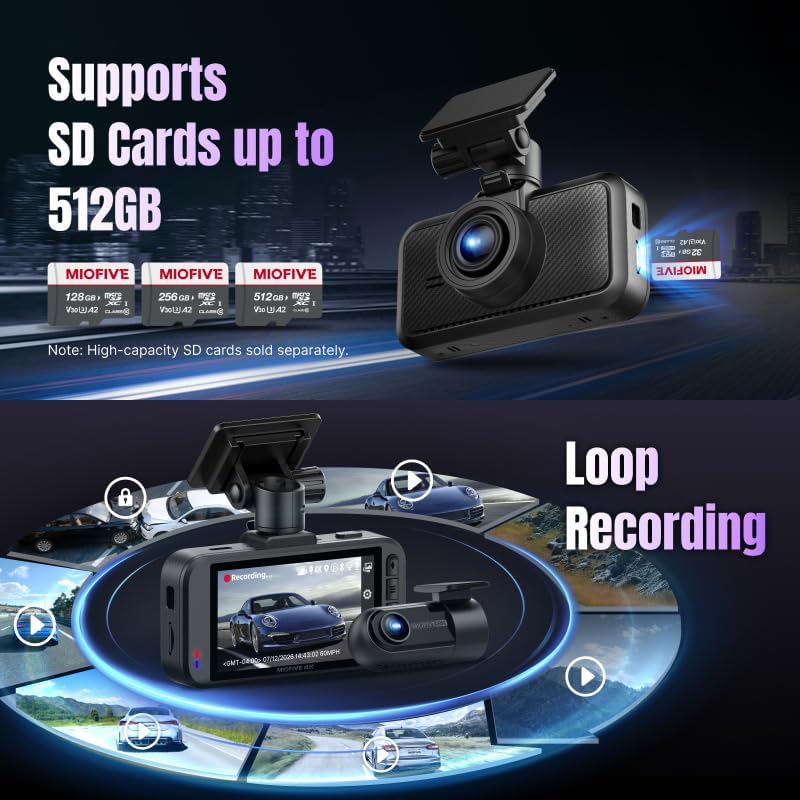 Miofive S1 Pro 4K Front & 2K Rear Dual Dash Cam with 32GB Card Included