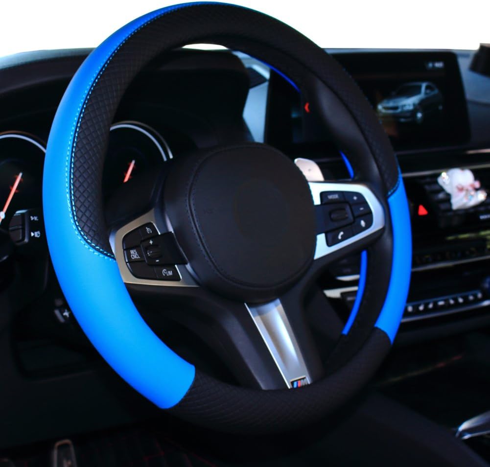 SHIAWASENA Car Steering Wheel Cover, Leather, Universal 15 Inch Fit, Anti-Slip & Odor-Free (Black&Brown)